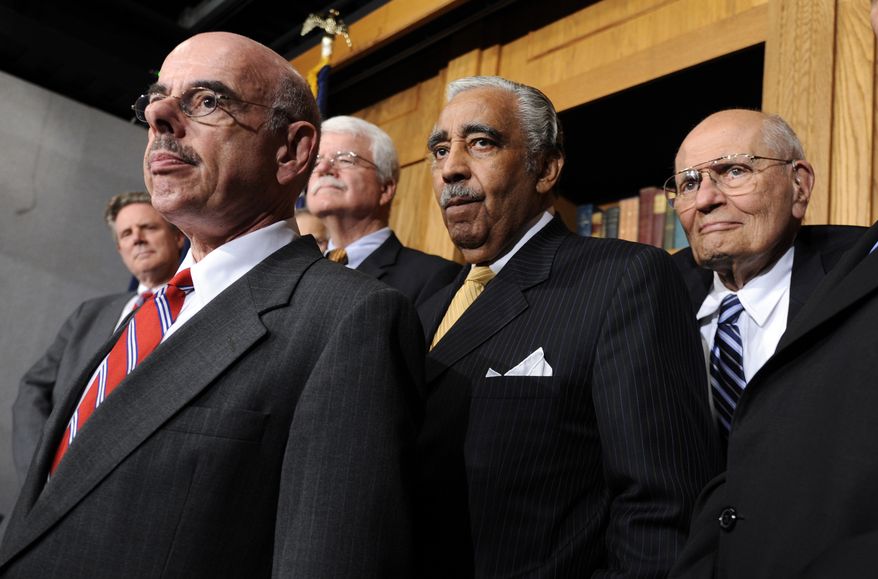 **FILE** From left, Rep. Frank Pallone Jr., D-Fla., Rep. Henry Waxman, D-Calif., House Education and Labor Committee Chairman Rep. George Miller, D-Calif., House Ways and Means Committee Chairman Rep. Charles Rangel, D-N.Y., and House Energy and Commerce Committee Chairman Rep. John Dingell, D-Mich., take part in health care news conference on Capitol Hill in Washington, Friday, June 19, 2009. (AP Photo/Susan Walsh)