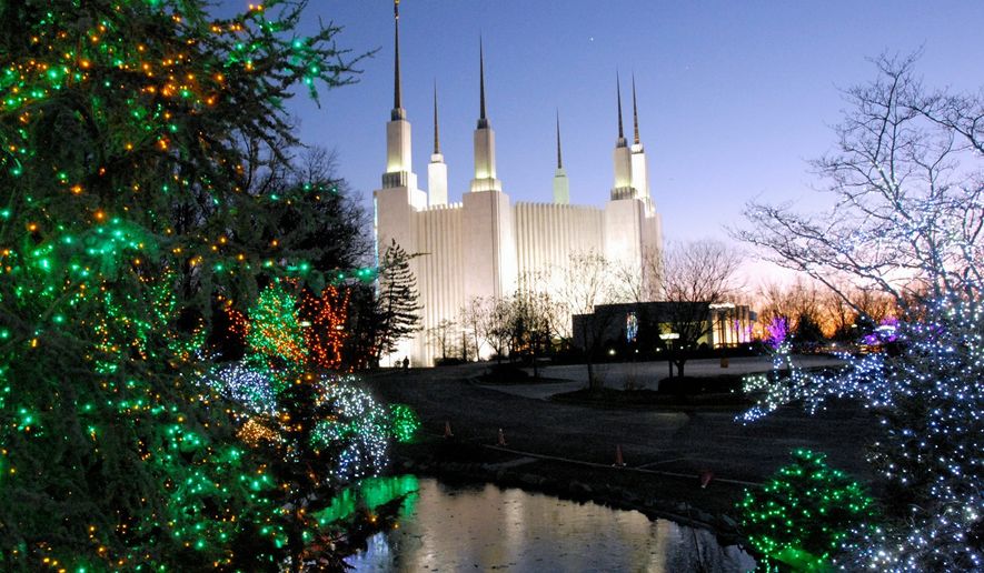 In this file photo, The Church of Jesus Christ of Latter-day Saints bedecked the grounds of the Mormon Temple in Kensington for its 2008 Festival of Lights Christmas celebration. (The Washington Times)  **FILE**