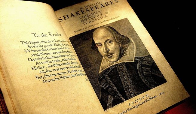 **FILE** One of the few remaining original First Folio of Shakespeare&#x27;s works from 1623 on display in the Exhibition Hall at the library. Photo taken on Friday, April 13, 2007. (Bert V. Goulait / The Washington Times)