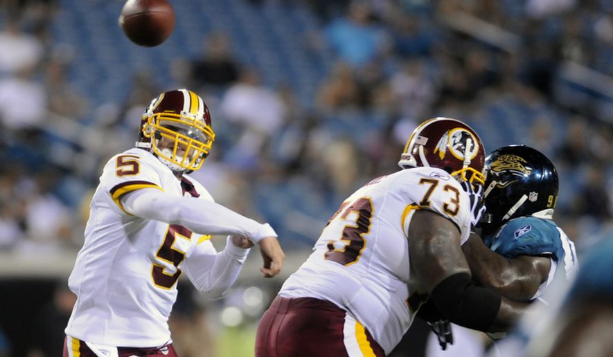 Redskins Colt Brennan (5) throws against the Jacksonville Jaguars during a preseason game. (Peter Lockley / The Washington Times) **FILE**