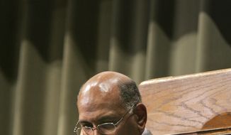 In this file photo, Republican National Committee Chairman Michael Steele prepares to speak at the &quot;Bless The Mic&quot; lecture series at Philander Smith College in Little Rock, Ark., Monday, Sept. 21, 2009. (AP Photo/Danny Johnston)
