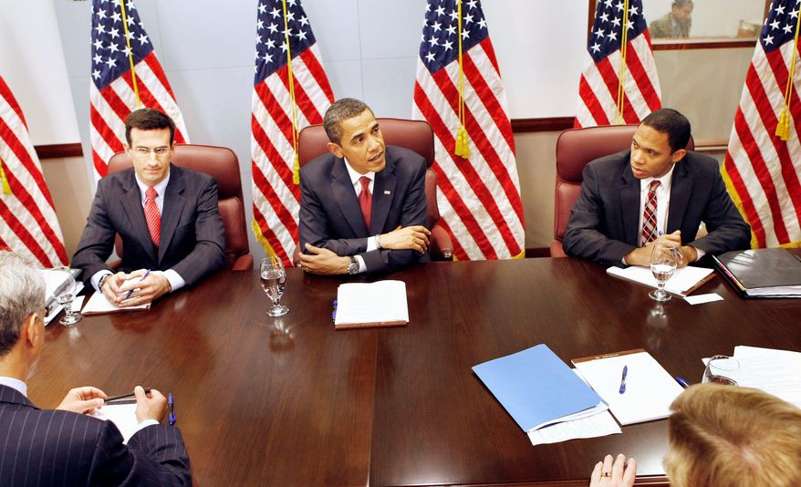 Budget Director Peter Orszag (left), President Obama and Deputy Budget Director Ron Nabors face enormous budget deficits as the administration struggles with the recession, wars, health care and more. (Associated Press)