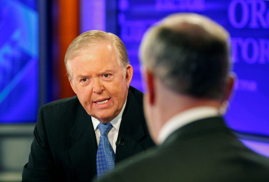 Lou Dobbs, left, speaks with Bill O&#39;Reilly during taping a segment for Fox News channel&#39;s &quot;The O&#39;Reilly Factor,&quot; in New York, Monday, Nov. 16, 2009. (AP Photo/Kathy Willens)