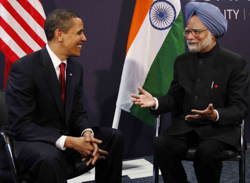 **FILE** In this photo from April 2, 2009, President Obama meets with India&#39;s Prime Minister Manmohan Singh at the G-20 summit at the ExCel Centre in London. (Associated Press)