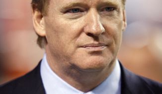 In this Nov. 9, 2009, file photo, NFL commissioner Roger Goodell looks on during an NFL football game between the Pittsburgh Steelers and the Denver Broncos at Invesco Field at Mile High in Denver. (AP Photo/Jack Dempsey, File)