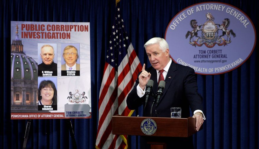 Pennsylvania Attorney General Tom Corbett on Tuesday in Harrisburg, Pa., names more defendants in the state's expanding investigation of legislative corruption. (Associated Press)