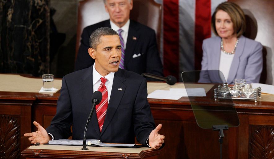 President Obama, chiding the Supreme Court justices sitting before him, claimed falsely during his 2009 State of the Union address that &quot;even foreign corporations&quot; could influence U.S. elections. (Associated Press/File)