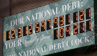 In this file photo, The National Debt Clock, a privately funded estimate of the national debt, is shown on Feb. 1, 2010, in New York. (Associated Press) **FILE**