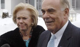Pennsylvania Gov. Ed Rendell, with his wife, Marjorie, speaks with reporters outside the funeral home after paying their respects to the late Rep. John P. Murtha in Johnstown, Pa., on Sunday, Feb. 14, 2010. Mr. Murtha was a powerful Democrat who headed the House appropriations defense subcommittee. He died Monday, Feb. 8, at 77 after complications from gallbladder surgery. (AP Photo/Keith Srakocic)