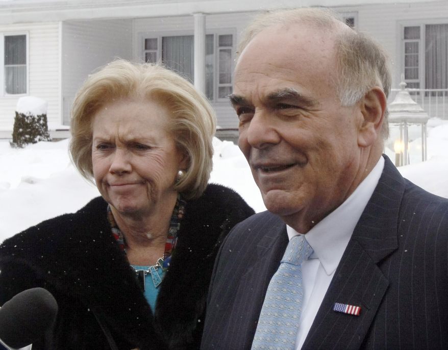 Pennsylvania Gov. Ed Rendell, with his wife, Marjorie, speaks with reporters outside the funeral home after paying their respects to the late Rep. John P. Murtha in Johnstown, Pa., on Sunday, Feb. 14, 2010. Mr. Murtha was a powerful Democrat who headed the House appropriations defense subcommittee. He died Monday, Feb. 8, at 77 after complications from gallbladder surgery. (AP Photo/Keith Srakocic)