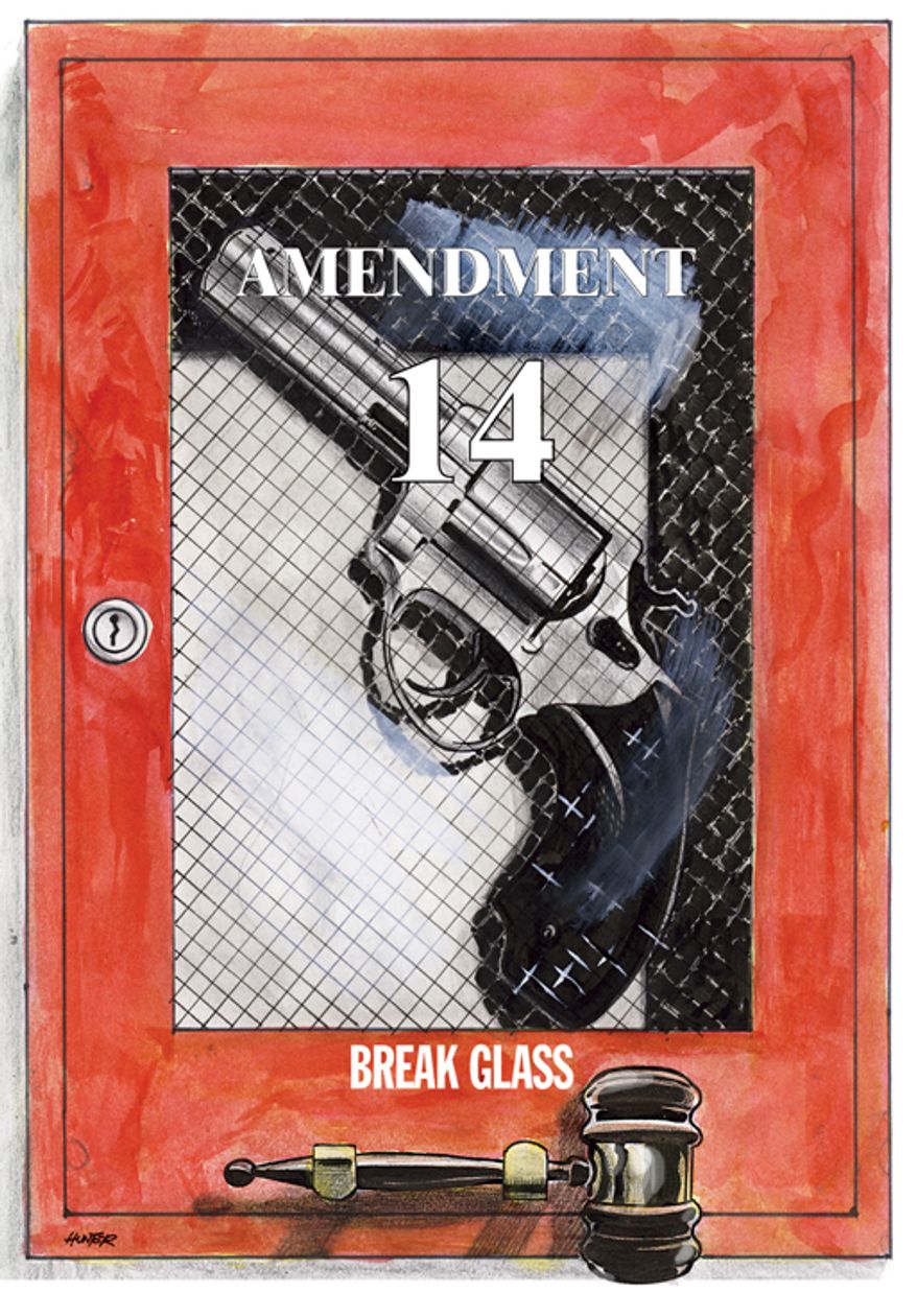 Illustration: Guns and the 14th Amendment by A. HUNTER for The Washington Times.