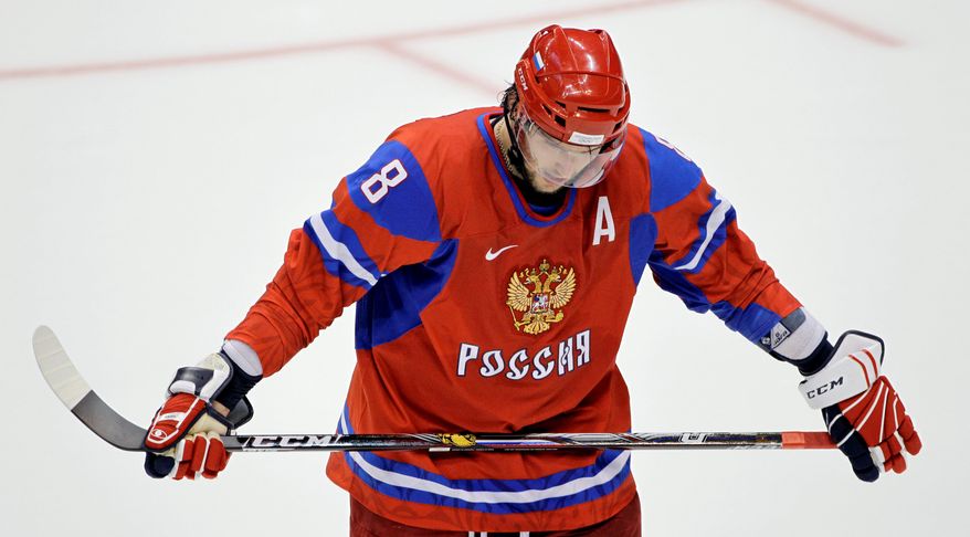Russia's Alexander Ovechkin waits for a face-off in the quarterfinal ice hockey game against Canada at the 2010 Winter Olympics in Vancouver on Wednesday. Russia lost 3-7. (Associated Press)