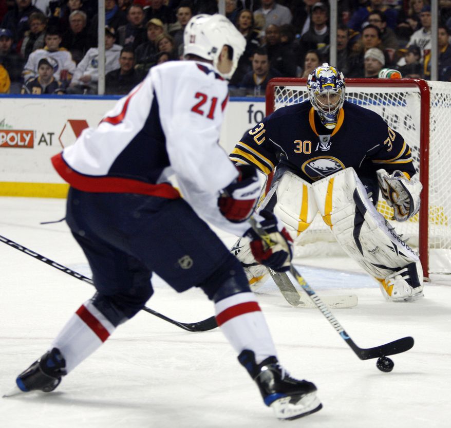 ASSOCIATED PRESS Buffalo Sabres goalie Ryan Miller watches a shot by Washington Capitals' Brooks Laich (21) during the second period of the NHL hockey game in Buffalo, N.Y., Wednesday, March 3, 2010.