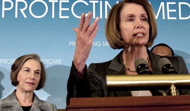 ** FILE ** House Speaker Nancy Pelosi of Calif., accompanied by Rep. Jan Schakowsky, D-Ill., left, gestures during a news conference on saving Medicare as part of the Health Care Overhaul, Tuesday, March 16, 2010, on Capitol Hill in Washington. (AP Photo/Harry Hamburg)