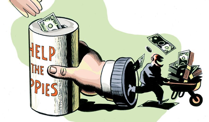 Illustration: Misbehaving charities by Alexander Hunter for The Washington Times.