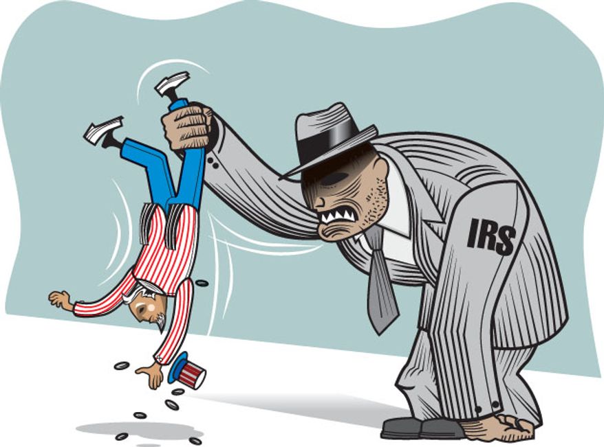 Illustration: IRS shakedown by Greg Groesch for The Washington Times.