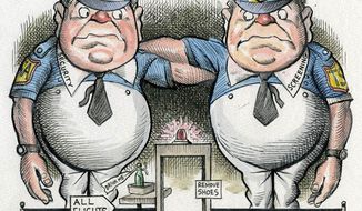 Illustration: Tweedle Dumb and Tweedle Dumber by Alexander Hunter for The Washington Times.