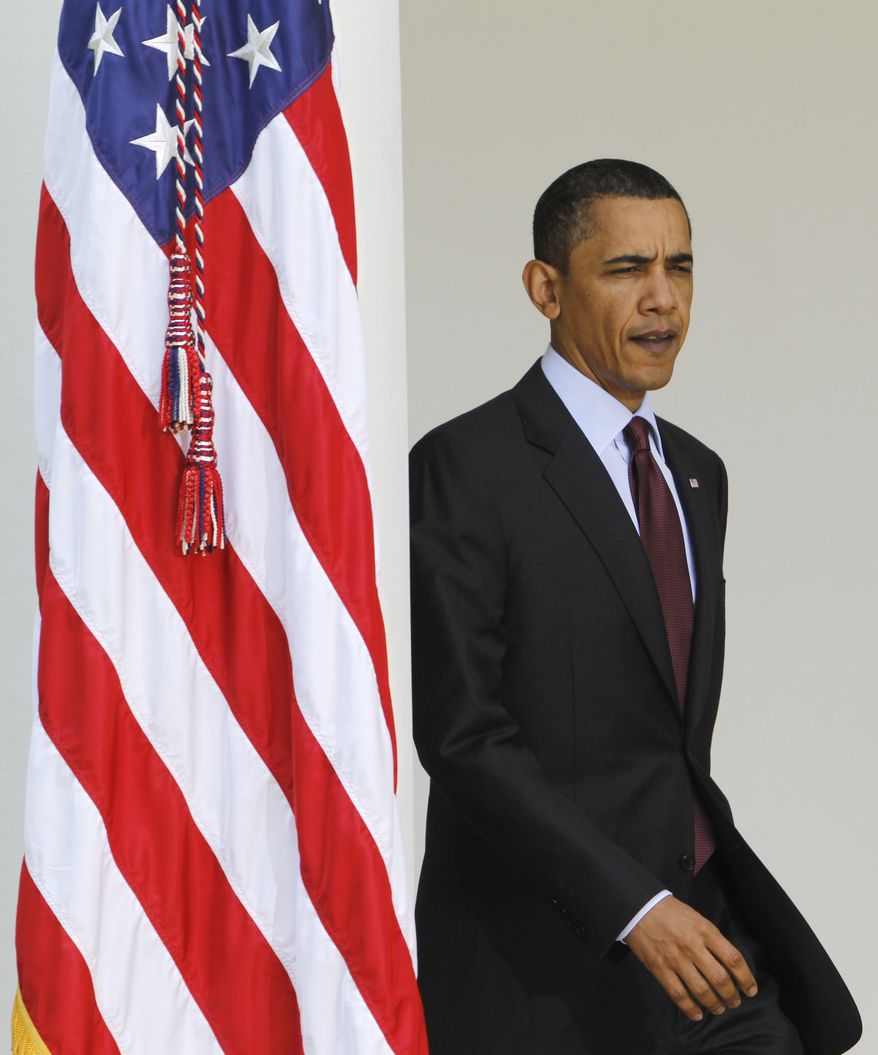 President Barack Obama arrives in the Rose Garden of the White House in Washington, Friday, April 9, 2010, to speak about the retirement of Supreme Court justice John Paul Stevens and the West Virginia mine tragedy. (AP Photo/Charles Dharapak)