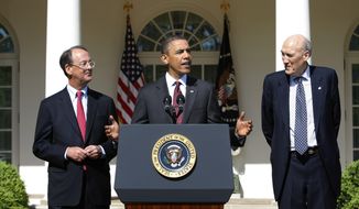 President Obama, flanked by National Commission on Fiscal Responsibility and Reform Co-Chairmen, former White House Chief of Staff Erskine Bowles, left, and former Wyoming Sen. Alan Simpson, stresses the importance of finding a bipartisan consensus on ways to improve America&#39;s long-term fiscal health and debt reduction, Tuesday, April 27, 2010, in the Rose Garden of the White House in Washington. (AP Photo/J. Scott Applewhite)