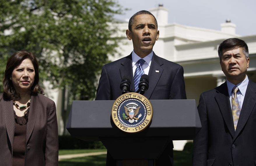 President Barack Obama, accompanied by members of his economic team, Labor Secretary Hilda Solis, left, and Commerce Secretary Gary Locke, makes a statement on the monthly jobs numbers, Friday, May 7, 2010, outside the Oval Office of the White House in Washington. (AP Photo/Carolyn Kaster)