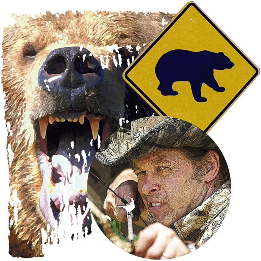 Illustration: Ted Nugent and Bears by Greg Groesch for The Washington Times