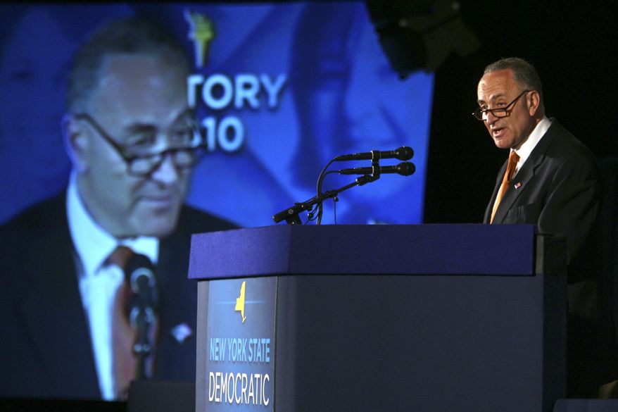 Sen. Charles E. Schumer, N.Y. Democrat, addresses the New York State Democratic Committee State Convention, Wednesday, May 26, 2010, in Rye Brook, N.Y. Mr. Schumer is a co-author of the Disclose Act. (AP Photo/Mary Altaffer)