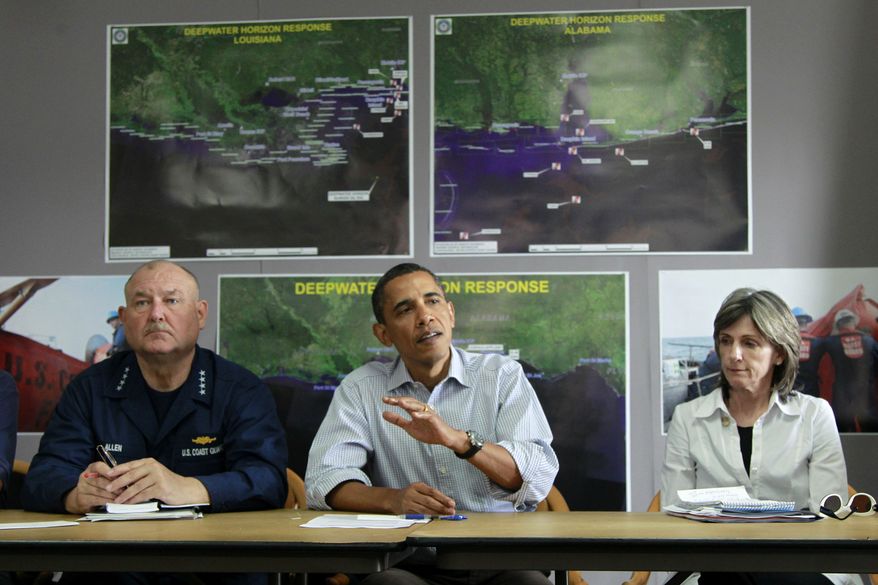 President Barack Obama, flanked by by National Incident Commander Adm. Thad Allen, left, and White House climate and energy adviser Carol Browner, makes a statement after being briefed on the BP oil spill relief efforts in the Gulf Coast region, Friday, June 4, 2010, at Louis Armstrong International New Orleans Airport in Kenner, La. (AP Photo/Charles Dharapak)