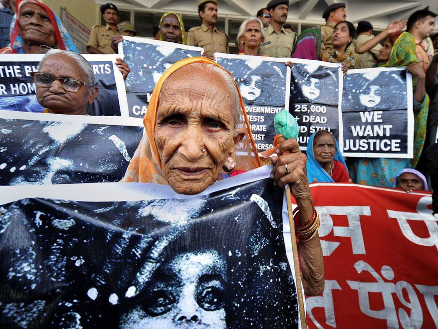 OUTRAGED: Survivors demand more than the two-year prison sentences and $2,175 in fines for the former managers of the Union Carbide subsidiary who were convicted in the Bhopal, India, gas leak of December 1984. (Associated Press)
