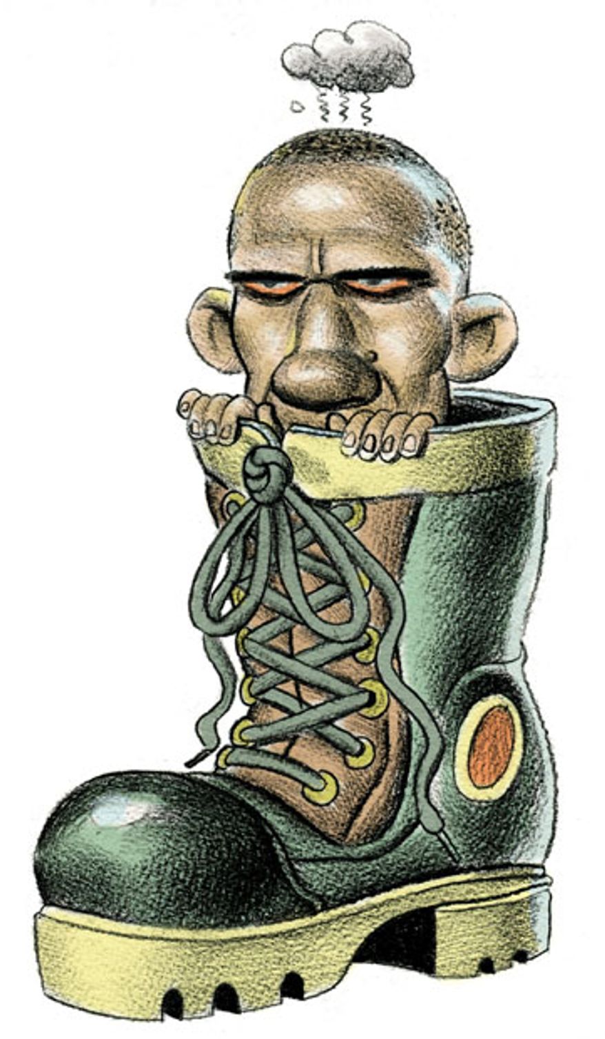Illustration: Obama's boot by Alexander Hunter for The Washington Times