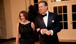 Speaker of the House Nancy Pelosi and her husband, Paul, own a vineyard in St. Helena, Calif., valued at between $5 million and $25 million. Much of Mrs. Pelosi&#39;s family wealth is listed to her husband, including a commercial property in San Francisco worth $5 million to $25 million and common stock in Apple Inc. and Visa Inc, worth $1 million to $5 million each. (The Washington Times) ** FILE**