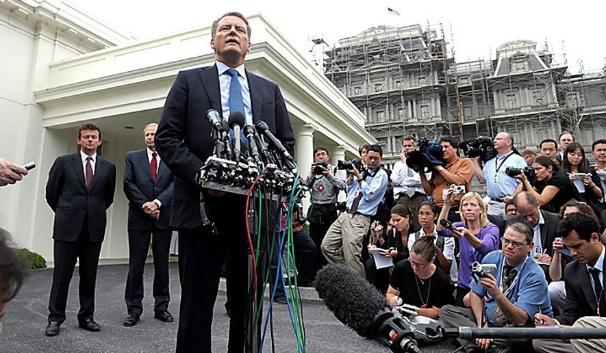 BP Chairman Carl-Henric Svanberg speaks to the news media outside the White House in Washington, Wednesday, June 16, 2010, after attending a meeting at the White House with President Obama in Washington. Standing behind Mr. Svanberg is BP Chief Executive Officer Tony Hayward, left, and BP Managing Director Bob Dudley, second from left. (AP Photo/Susan Walsh)
