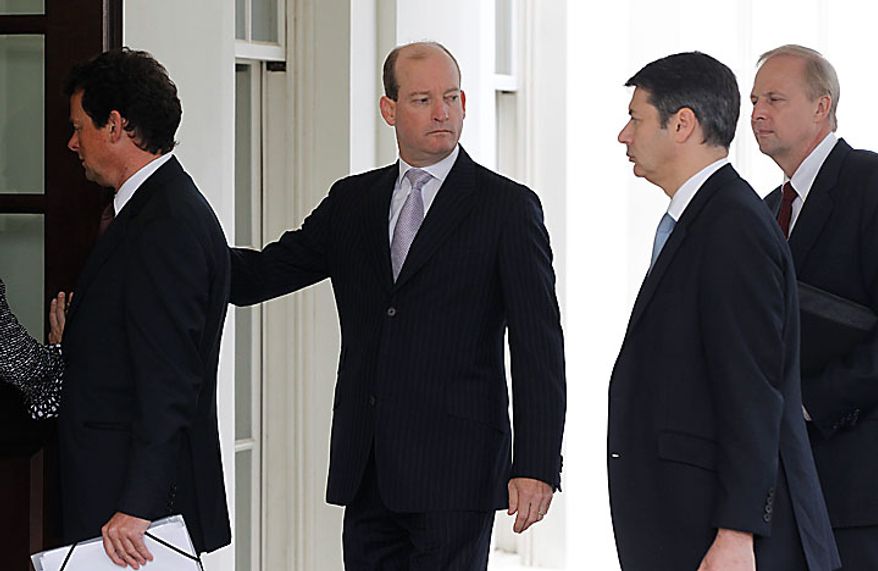 Arriving at the White House in Washington on Wednesday, June 16, 2010, for a meeting with President Obama are (from left) BP PLC CEO Tony Hayward, BP America President and Chairman Lamar McKay, BP General Counsel Rupert Bondy and BP Managing Director Bob Dudley. (AP Photo/Charles Dharapak)