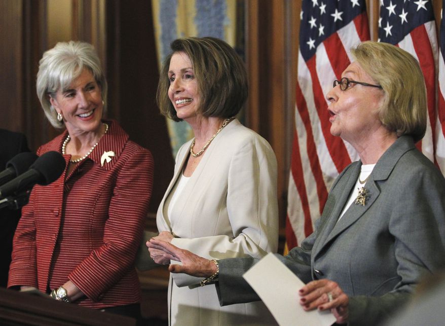 From left: Health and Human Services Secretary Kathleen Sebelius, left, House Speaker Nancy Pelosi of Calif., and National Committee to Preserve Social Security and Medicare President and Chief Executive Officer, former Connecticut Rep. Barbara Kennelly, discuss benefits and questions about the Affordable Care Act and Medicare at a press conference on Capitol Hill in Washington, Wednesday, May 26, 2010. The White House released the "patients bill of rights" on Tuesday, June 22, 2010. (AP Photo/Manuel Balce Ceneta)