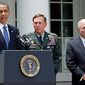 **FILE** President Barack Obama, accompanied by Gen. David Petraeus (center) and Defense Secretary Robert Gates, announces in the Rose Garden of the White House on June 23, 2010, that Gen. Petraeus would replace Gen. Stanley McChrystal. (Associated Press)