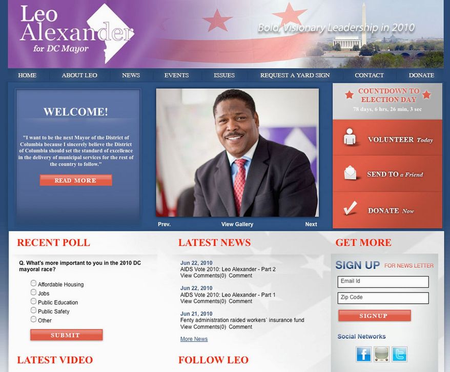 www.leoalexanderformayor.com
Leo Alexander, a candidate for D.C. mayor, stands apart from his contenders because he opposes illegal immigration and same-sex marriage. Mr. Alexander has also said fixing the families could mend some of D.C.'s woes.