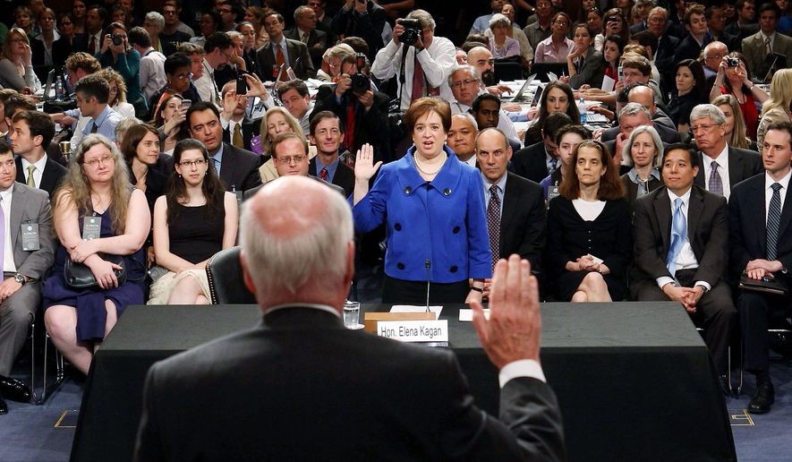 ASSOCIATED PRESS
Sen. Patrick J. Leahy swears in nominee Elena Kagan. &quot;The Supreme Court is a wondrous institution. But the time I spent in the other branches of government remind me that it must also be a modest one - properly deferential to the decisions of the American people and their elected representatives,&quot; she said.