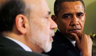 **FILE** President Obama meets with Federal Reserve Board Chairman Ben Bernanke in the Oval Office of the White House in Washington on June 29, 2010. (Associated Press)