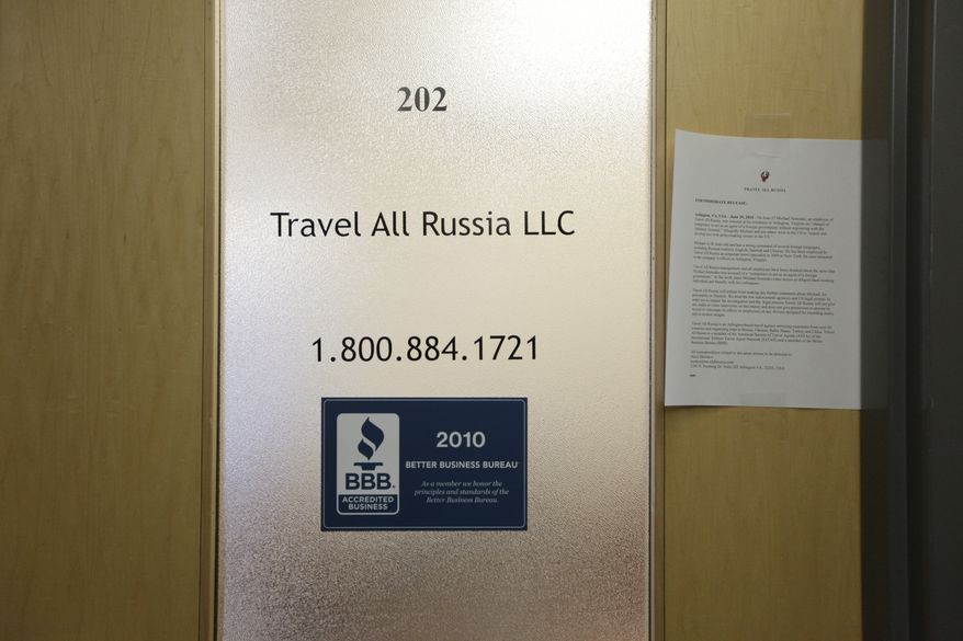 The office of Travel All Russia LLC on Pershing Drive in Arlington, Va., is seen Tuesday. On Monday, Michael Semenko, 28, an employee of Travel All Russia, was arrested at his residence in Arlington, Va., and accused of being part of a conspiracy of Russian agents that had infiltrated American society to collect information for Russia's intelligence service, the SVR. (Associated Press)