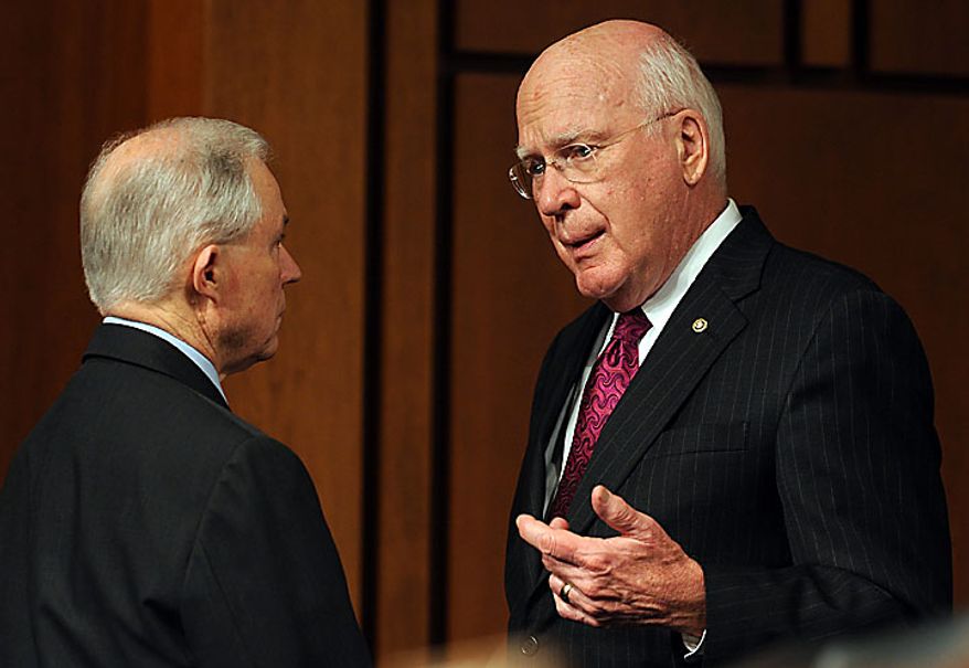 Committee Chair Sen. Patrick Leahy, Vermont Democrat (right), speaks with ranking member Sen. Jeff Sessions, Alabama Republican, as Supreme Court nominee Elena Kagan, President Obama&#39;s pick to replace retiring Justice John Paul Stevens, testifies on the third day of her confirmation hearing before the Senate Judiciary Committee on Capitol Hill in Washington on June 30, 2010.    UPI/Roger L. Wollenberg