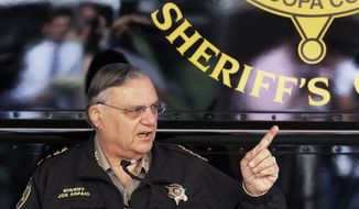 In this April 29, 2010, photo, Maricopa County Sheriff Joe Arpaio answers questions at a news conference to announce his latest crime suppression enforcement patrols in Phoenix. (AP Photo/Ross D. Franklin) **FILE**