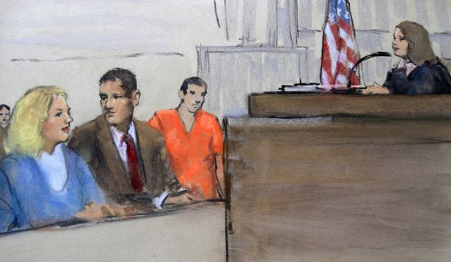 In this courtroom sketch, Tracey Lee Ann Foley, left, and her husband, Donald Heathfield, third from left, are depicted with Heathfield&#x27;s attorney Peter Krupp, second from left, at a bail hearing before U.S. Magistrate Judge Jennifer Boal, right, in federal court in Boston, Thursday, July 1, 2010. Heathfield and Foley are among 11 people accused of trying to infiltrate U.S. policymaking circles. (AP Photo/Constance Flavell Pratt)