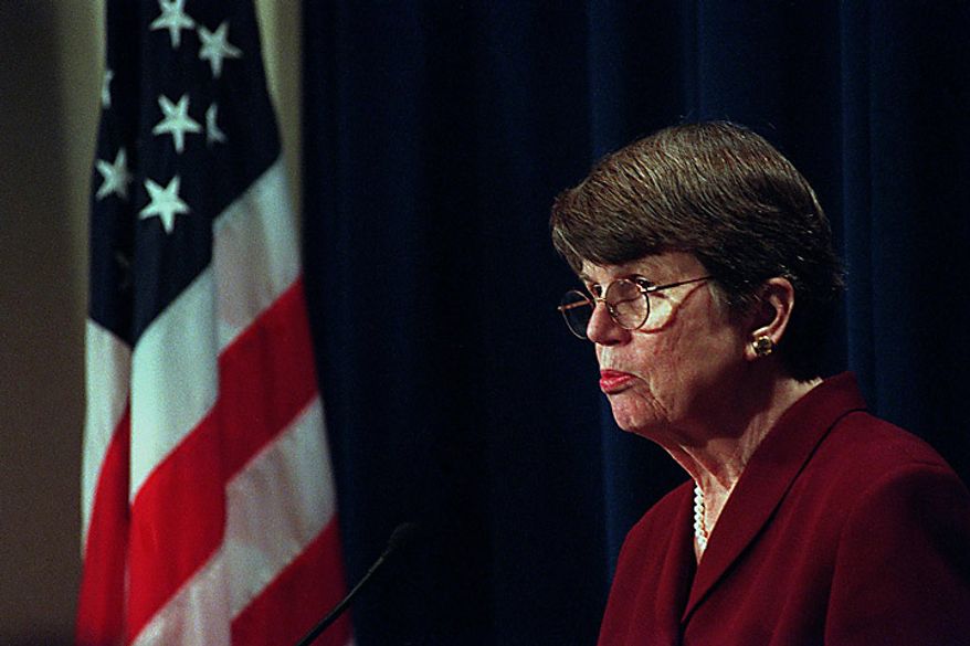 Attorney General Janet Reno speaks to reporters Friday morning, April 7, 2000 after a meeting with Juan Miguel Gonzalez about his son, Elian. ( Maya Alleruzzo / The Washington Times )
