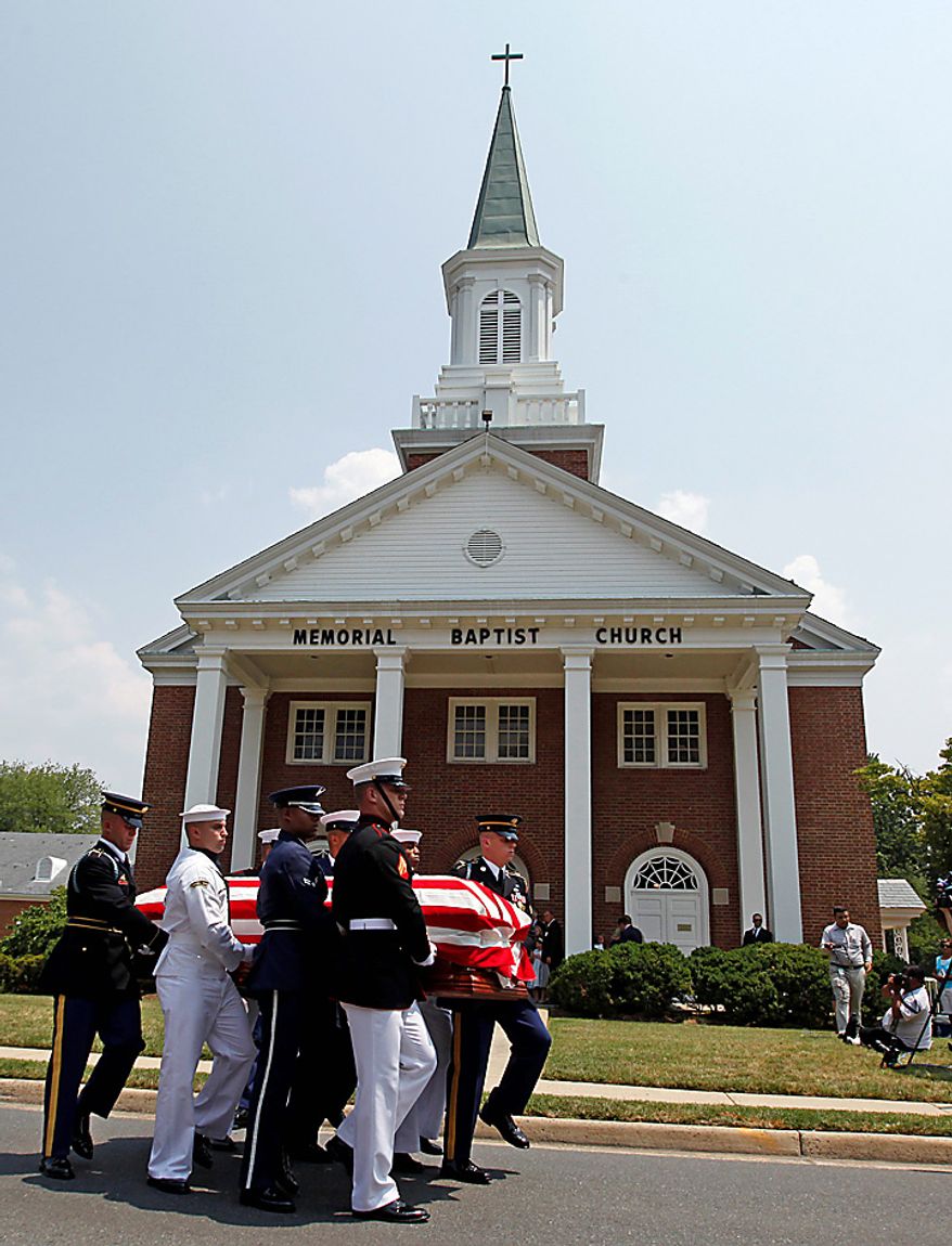 A joint-services military honor guard carries the casket of Sen. Robert Byrd, D-W.Va., Tuesday, July 6, 2010, after a funeral service at the Memorial Baptist Church in Arlington, Va. (AP Photo/Haraz N. Ghanbari)