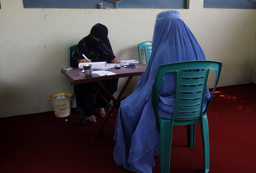 An Afghan woman registers to get a voting card for the upcoming parliamentary elections scheduled for September, in Jalalabad, east of Kabul, Afghanistan, Wednesday, July 7, 2010. (AP Photo/Rahmat Gul)