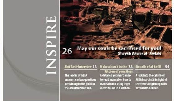 A page from the first edition of Inspire, an online recruitment tool for jihadists that touts itself as the first magazine to be issued by al Qaeda in English. Al Qaeda in Yemen published a second edition of the magazine on Tuesday, Oct. 12, 2010. 