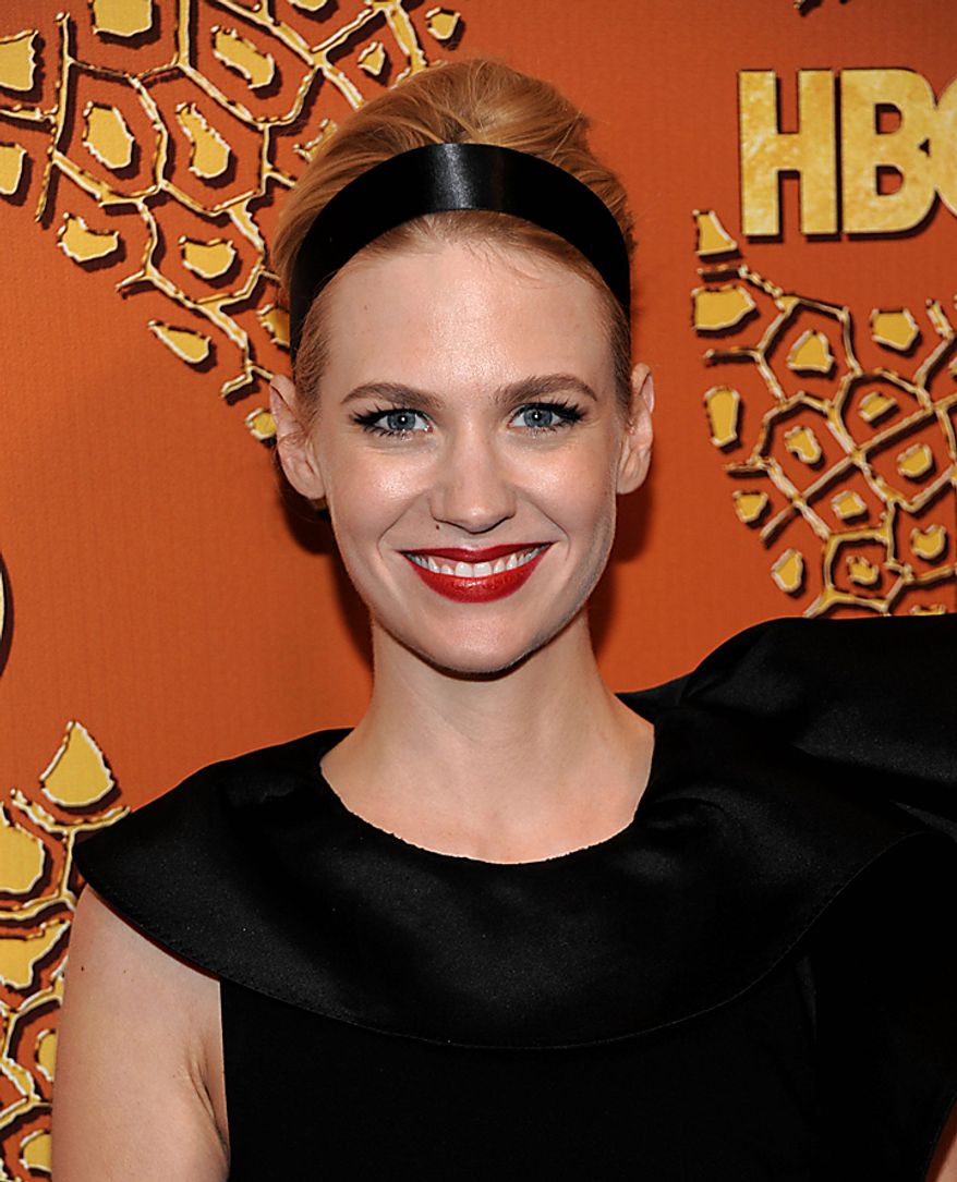 In this Jan. 17, 2010, file photo, actress January Jones arrives at the HBO Golden Globe party in Beverly Hills, Calif. Jones was nominated for an Emmy on Thursday, July 8, 2010, for best actress in a drama series for her role in "Mad Men." The 62nd Primetime Emmy Awards will be held on Sunday, Aug. 29. (AP Photo/Dan Steinberg, file)