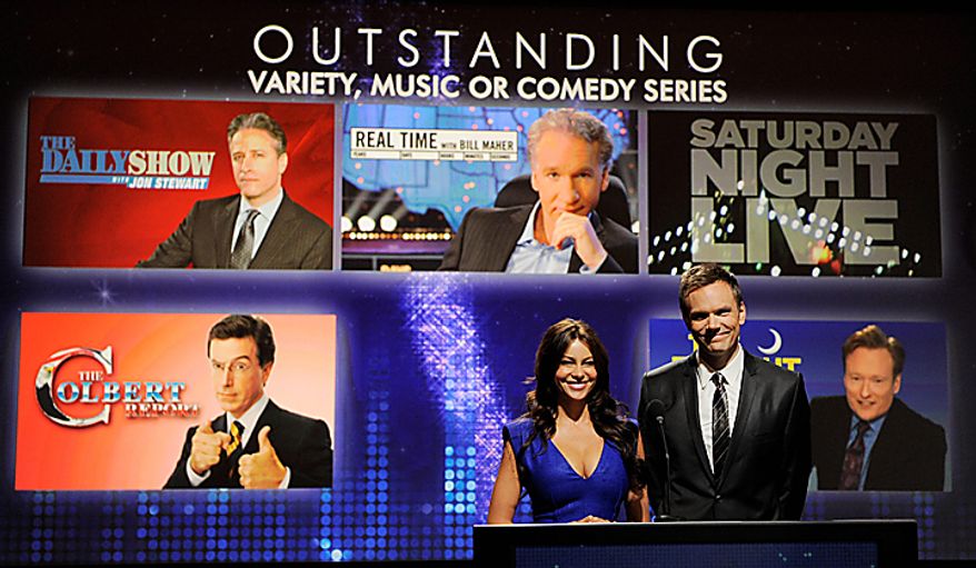 Actors Sofia Vergara and Joel McHale announce the nominees for Outstanding Variety, Music or Comedy Series during nominations for the 62nd Primetime Emmy Awards at the Academy of Television Arts & Sciences in Los Angeles, Thursday, July 8, 2010. The show will be held on Aug. 29 at the Nokia Theatre in Los Angeles. (AP Photo/Chris Pizzello)
