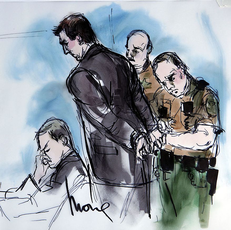 In this artist's sketch, former BART police officer Johannes Mehserle, center, is taken into custody as his attorney Michael Rains, left, reacts after the verdict of guilty of involuntary manslaughter in the killing of Oscar Grant on an Oakland train station, at the Criminal Justice Center in Los Angeles Thursday, July 8, 2010. (AP Photo/Mona Shafer Edwards)