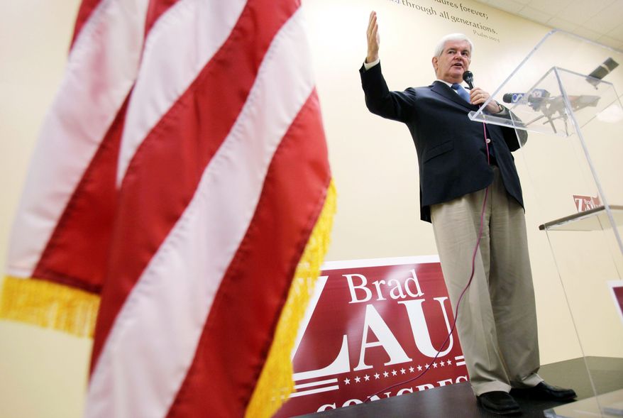 ASSOCIATED PRESS
Newt Gingrich speaks during a Republican fundraising breakfast Monday for Iowa congressional candidate Brad Zaun in Des Moines, Iowa. The former U.S. House speaker says he is pondering a run for the presidency and will announce his decision early next year.
