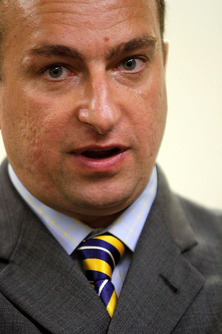 Developer Sharif El-Gamal speaks to reporters during a Landmarks Commission hearing on proposal to build a mosque near the World Trade Center site, Tuesday, July 13, 2010 in New York. (AP Photo/Mary Altaffer)